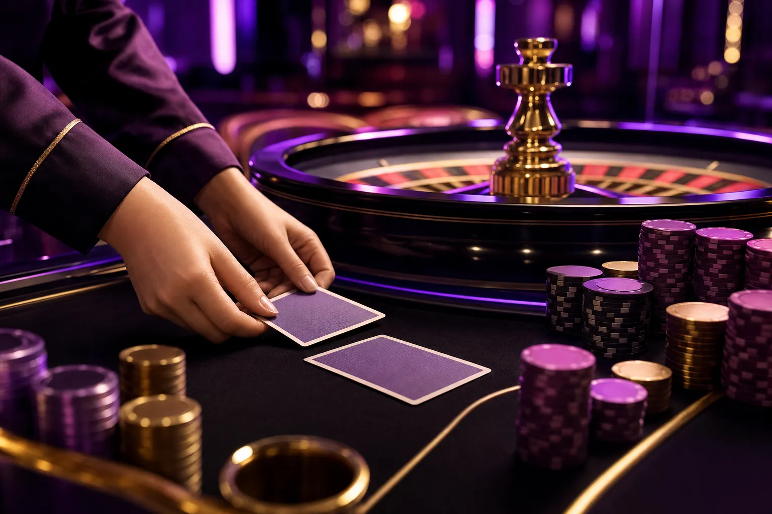 Atmosfera Vox Casino: ruletka, karty i żetony w fioletowym świetle